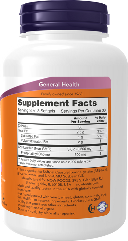 NOW Supplements, Lecithin 1200 mg, Phosphatidyl Choline, 100 Softgels