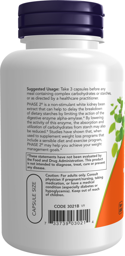 NOW Supplements, Phase 2® (White Kidney Bean Extract) 500 mg, 120 Veg Caps