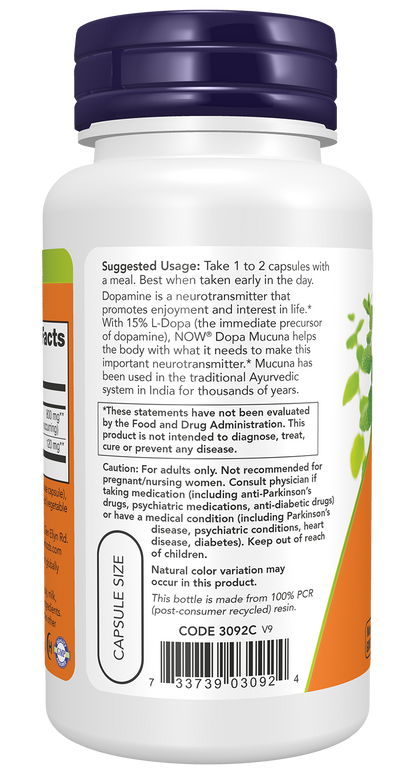 NOW Supplements, DOPA Mucuna, Standardized Mucuna Extract, 90 Veg Caps