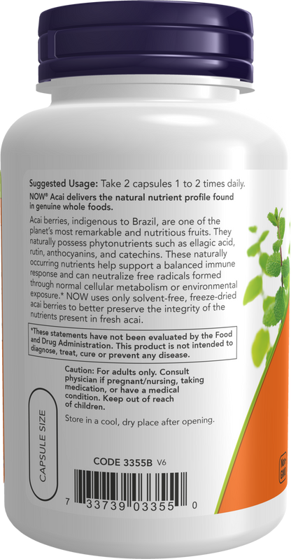 NOW Supplements, Acai 500 mg, Freeze-Dried Super Fruit, 100 Veg Caps