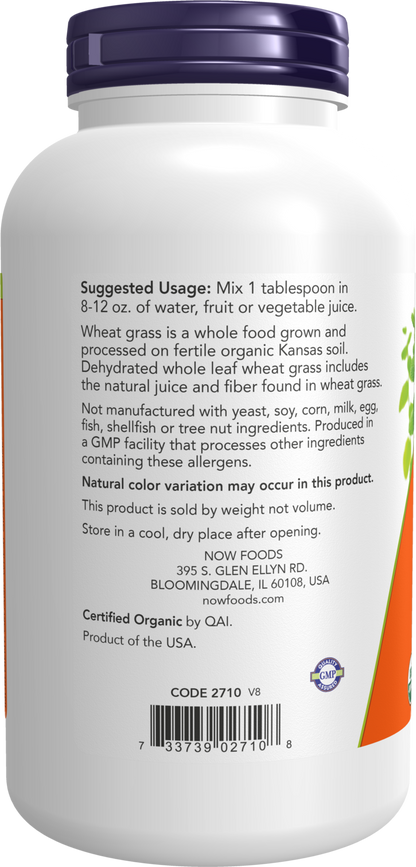 NOW Supplements, Organic Wheat Grass Powder, Green Superfood, 9 oz