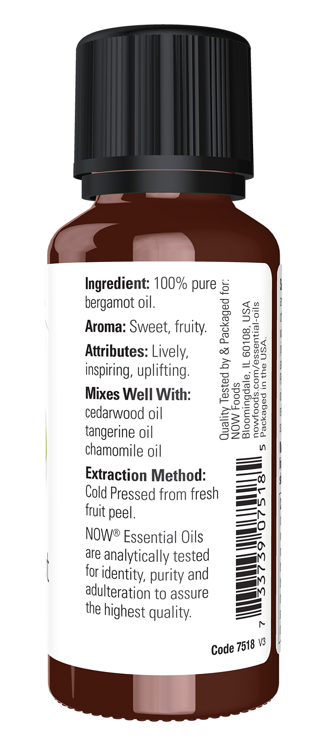 NOW Essential Oils, Bergamot Oil, Undiluted, Cold Pressed, 1 fl. oz