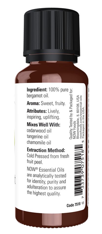 NOW Essential Oils, Bergamot Oil, Undiluted, Cold Pressed, 1 fl. oz