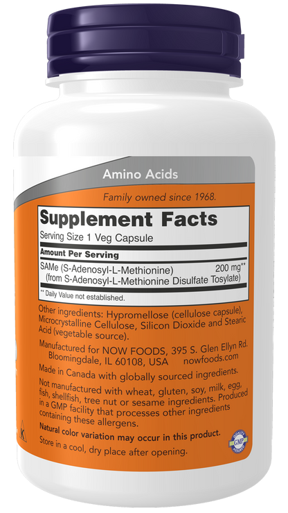 NOW Supplements, SAMe 200 mg, Nervous System Support*, 120 Veg Caps