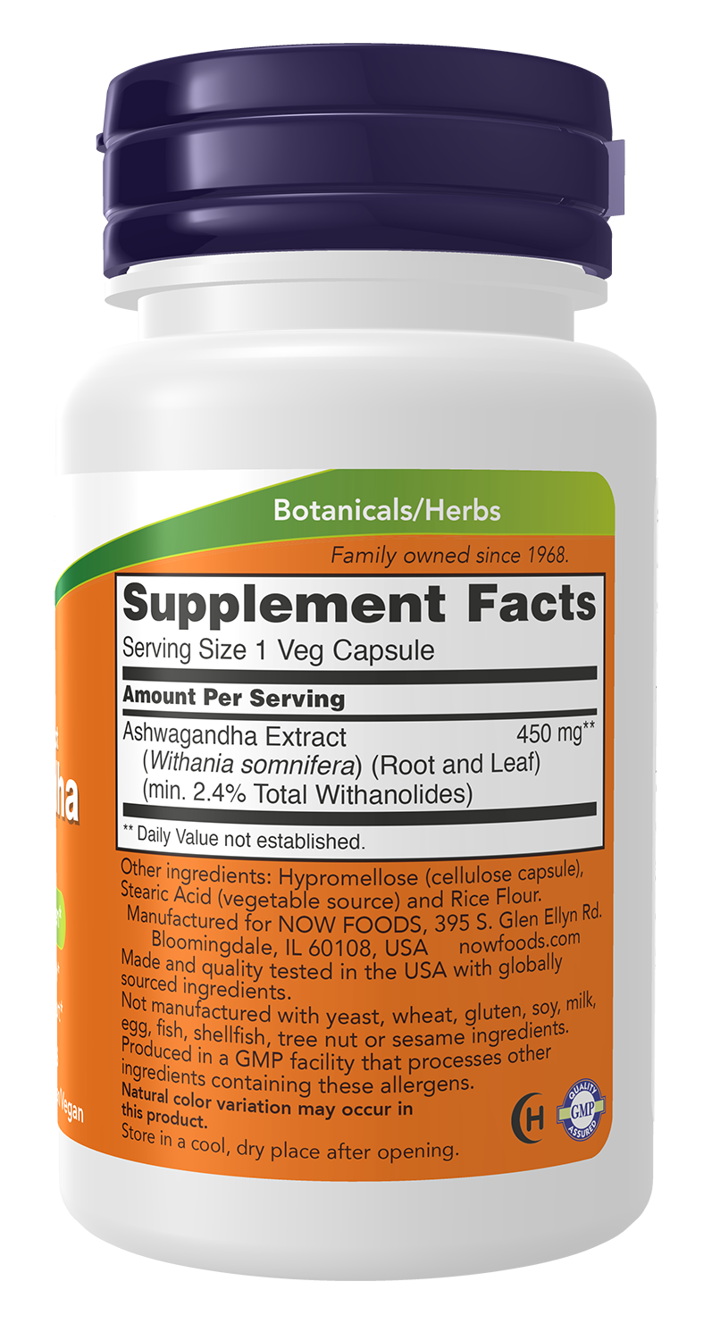 NOW Supplements, Ashwagandha (Withania somnifera) 450 mg (Standardized Extract), 30 Veg Capsules