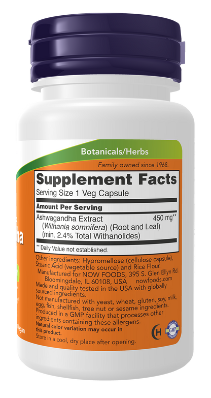 NOW Supplements, Ashwagandha (Withania somnifera) 450 mg (Standardized Extract), 30 Veg Capsules