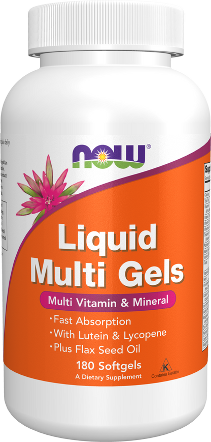 NOW Supplements, Liquid Multi Gels with Lutein and Lycopene, plus Flax Seed Oil, 180 Softgels