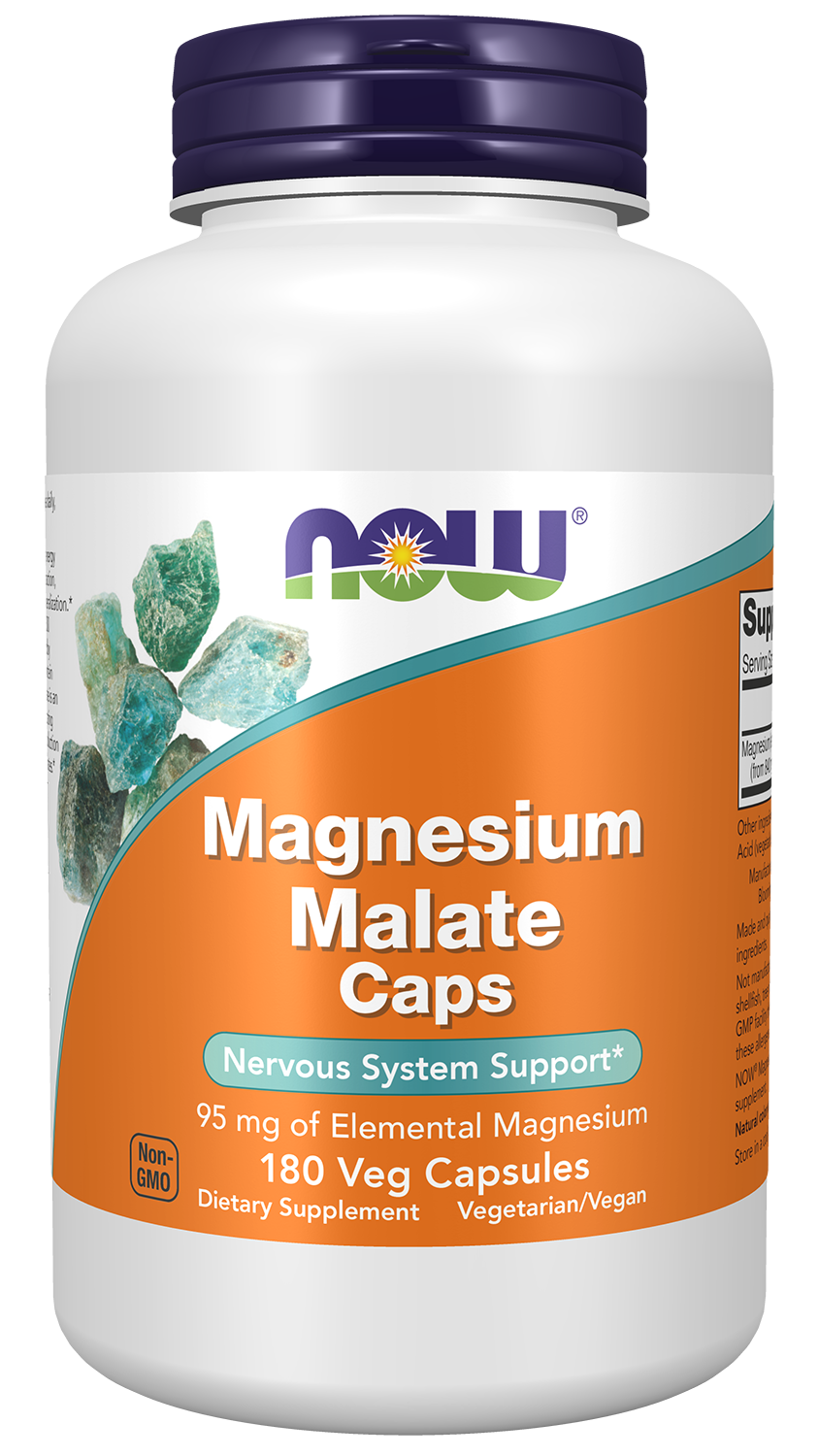 NOW Supplements, Magnesium Malate Caps with 95 mg of Elemental Magnesium, Nervous System Support*, 180 Veg Capsules