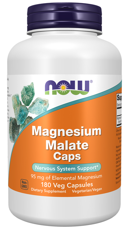 NOW Supplements, Magnesium Malate Caps with 95 mg of Elemental Magnesium, Nervous System Support*, 180 Veg Capsules