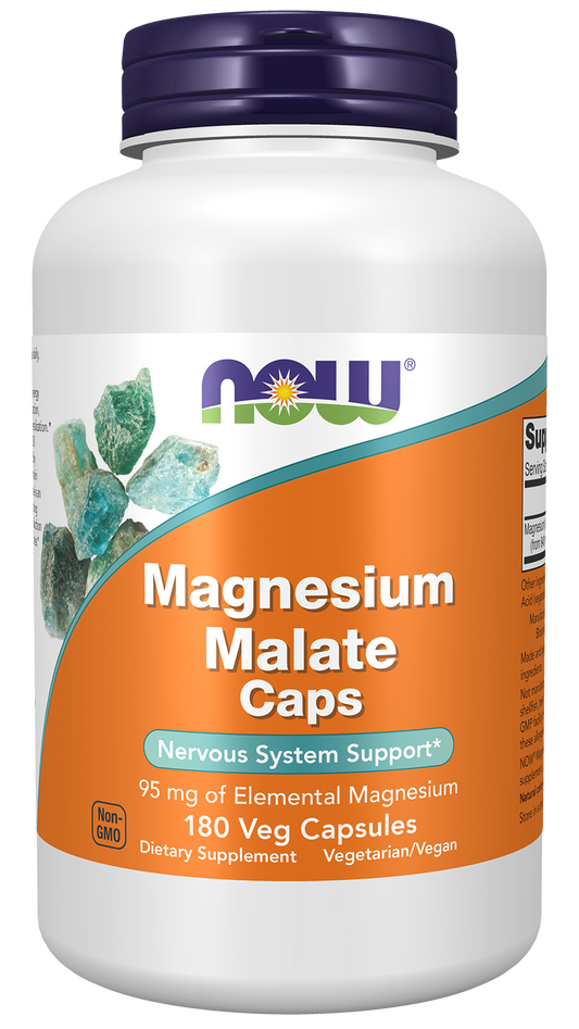 NOW Supplements, Magnesium Malate Caps with 95 mg of Elemental Magnesium, Nervous System Support*, 180 Veg Capsules