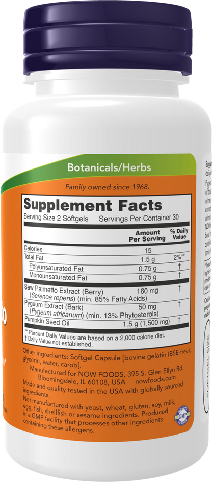 NOW Supplements, Pygeum & Saw Palmetto with Pumpkin Seed Oil, 60 Softgels