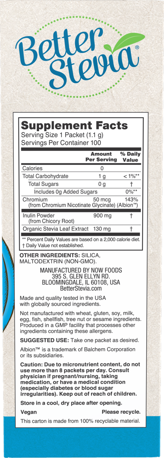 NOW BetterStevia® Balance with Chromium and Inulin, 100 Packets