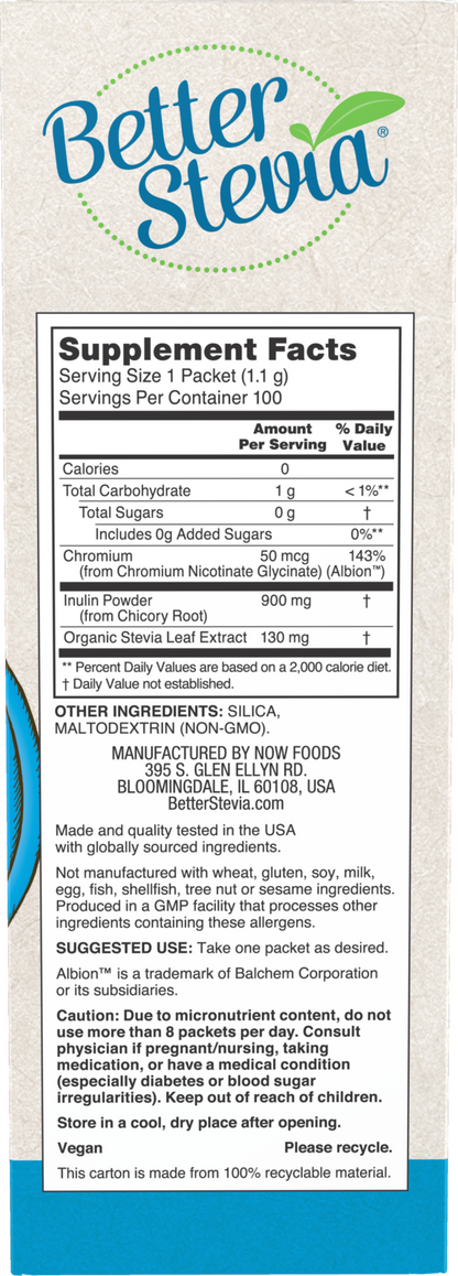 NOW BetterStevia® Balance with Chromium and Inulin, 100 Packets