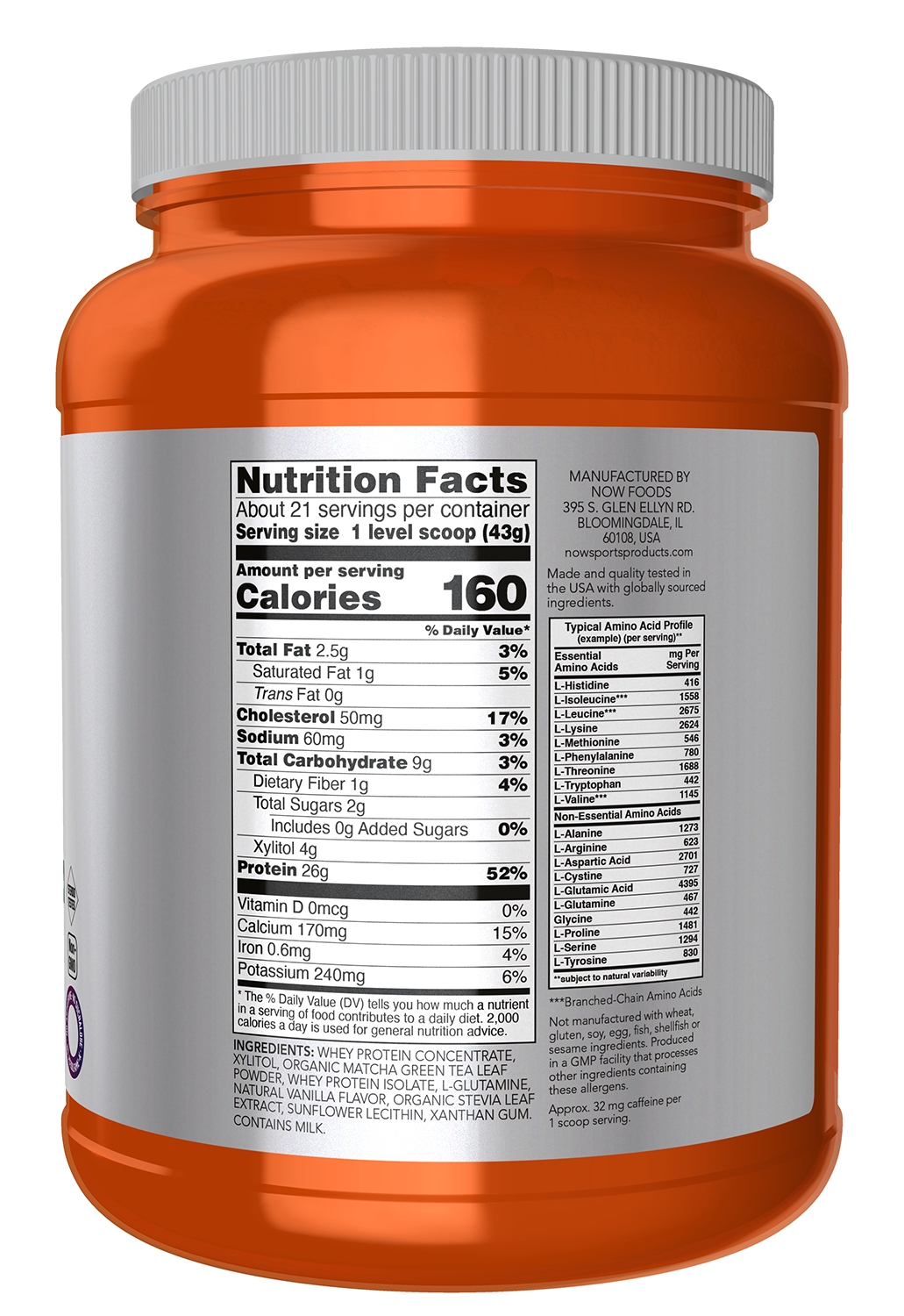 NOW Sports, Whey Protein 26 g With BCAAs, Matcha Powder, 2 lbs