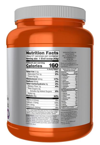 NOW Sports, Whey Protein 26 g With BCAAs, Matcha Powder, 2 lbs