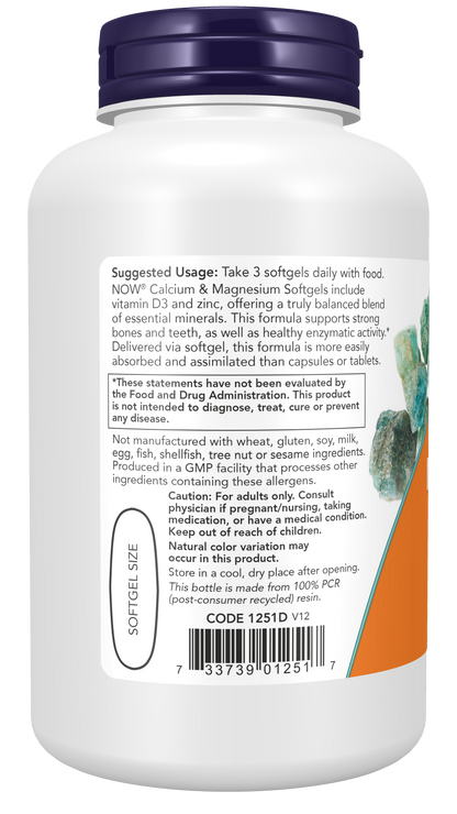 NOW Supplements, Calcium & Magnesium with  D-3 & Zinc,120 Softgels