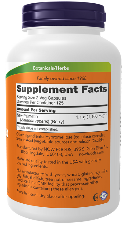 NOW Supplements, Saw Palmetto Berries 550 mg, Men's Health*, 250 Veg Caps