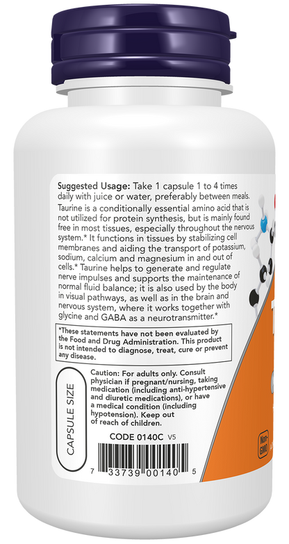 NOW Supplements, Taurine 500 mg, Amino Acid, 100 Veg Caps