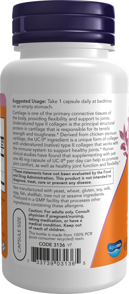 NOW Supplements, UC-II Type II Collagen, Undenatured Type II, 120 Veg Caps