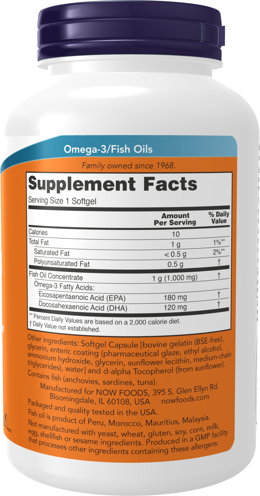 NOW Supplements, Omega-3 180 EPA / 120 DHA, Enteric Coated, 180 Softgels
