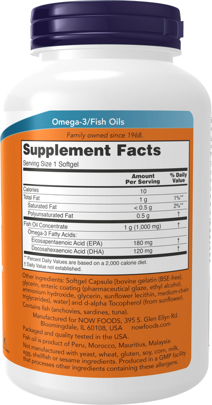 NOW Supplements, Omega-3 180 EPA / 120 DHA, Enteric Coated, 180 Softgels