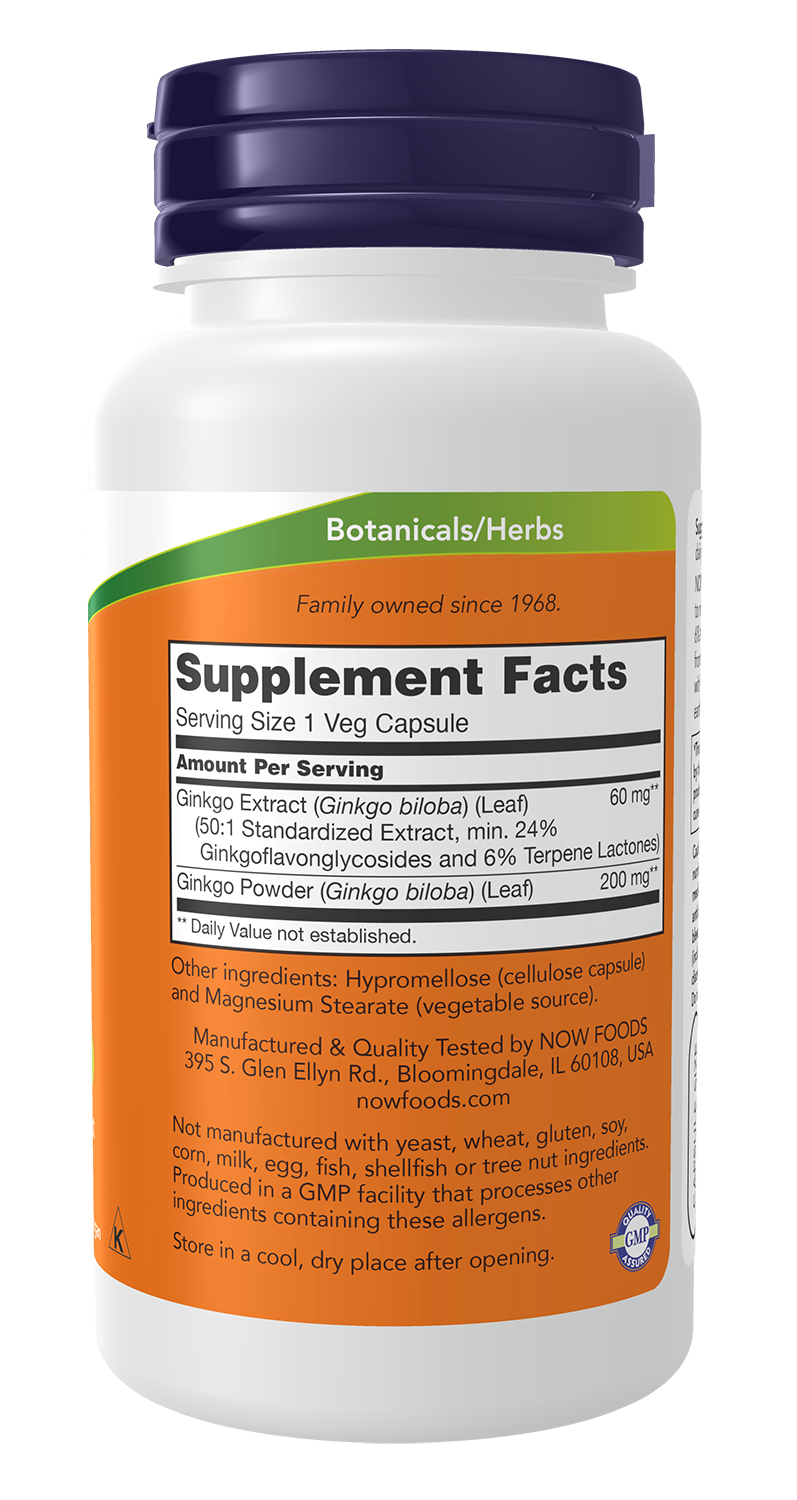 NOW Supplements, Ginkgo Biloba 60 mg, 24% Standardized Ext., 120 Veg Caps