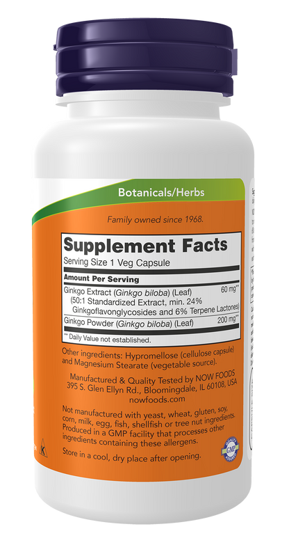 NOW Supplements, Ginkgo Biloba 60 mg, 24% Standardized Ext., 120 Veg Caps