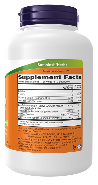 NOW Supplements, Prostate Support w/Standardized Saw Palmetto, 180 Softgels