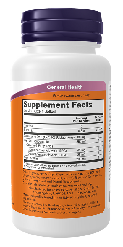 NOW Supplements, CoQ10 60 mg with Omega 3 Fish Oil, 60 Softgels
