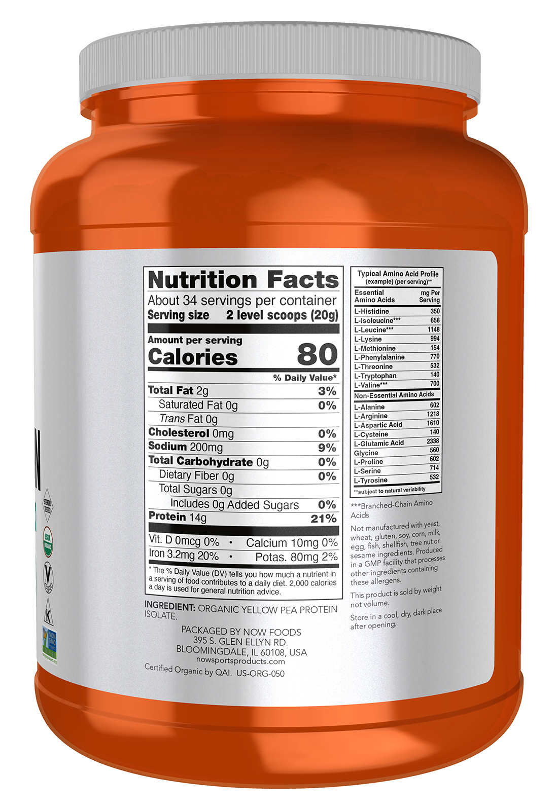 NOW Sports, Certified Organic Pea Protein 14g, Unflavored Powder, 1.5 lbs