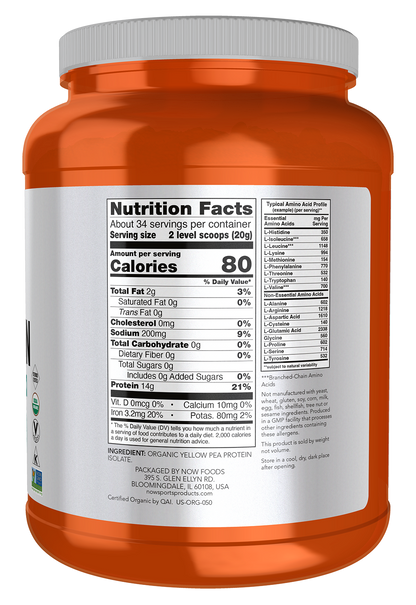 NOW Sports, Certified Organic Pea Protein 14g, Unflavored Powder, 1.5 lbs