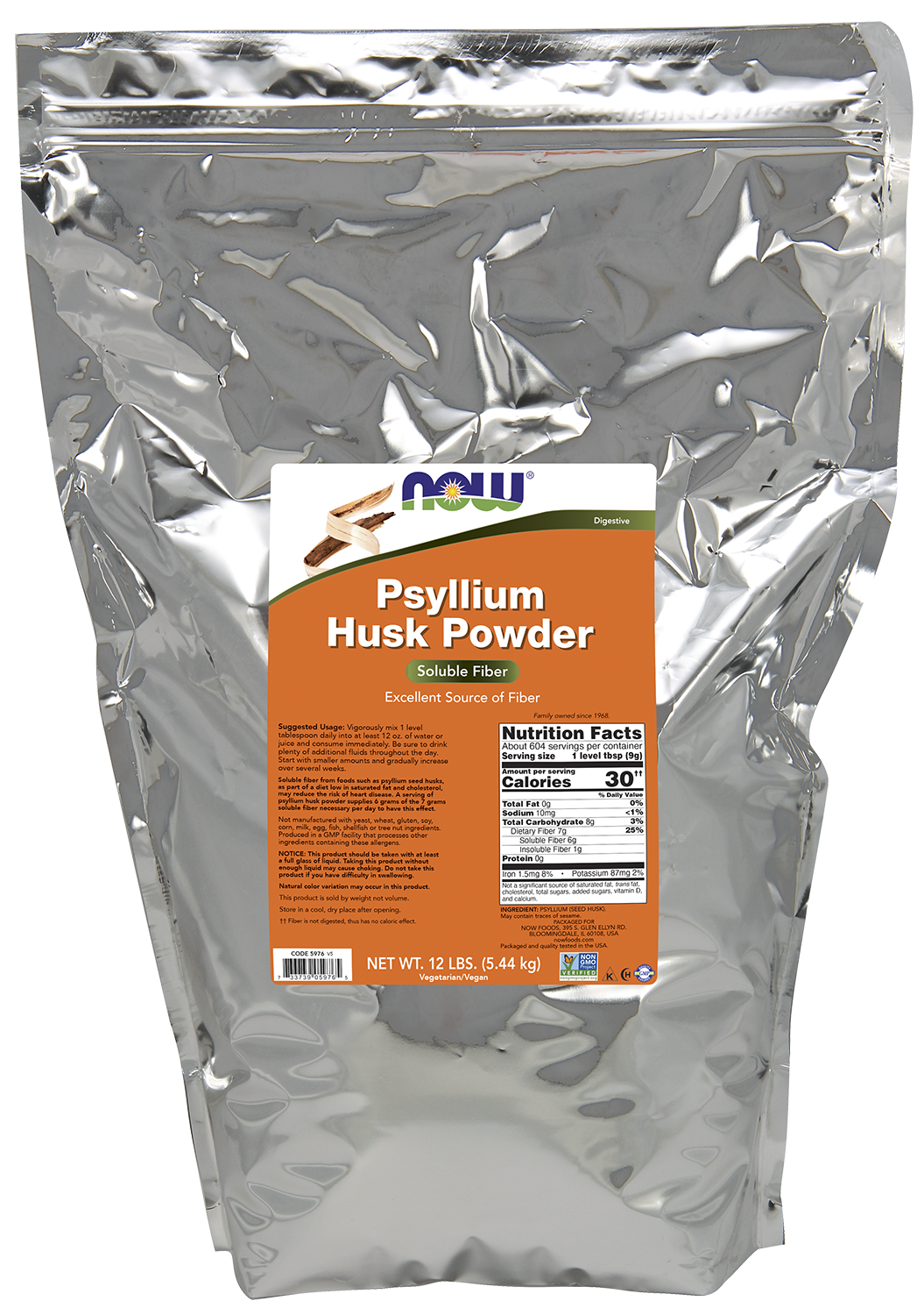 NOW Supplements, Psyllium Husk Powder, Soluble Fiber, 12-lb