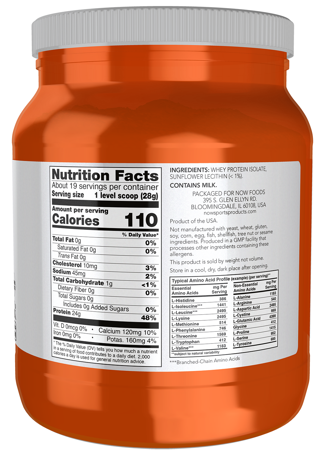 NOW Sports, Whey Protein Isolate 24 g With BCAAs, Unflavored Powder, 1.2 lb