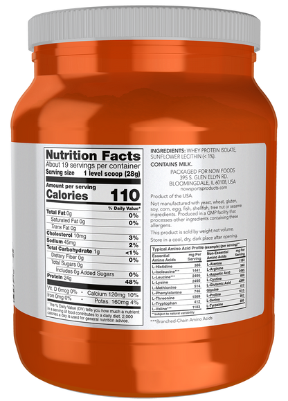 NOW Sports, Whey Protein Isolate 24 g With BCAAs, Unflavored Powder, 1.2 lb