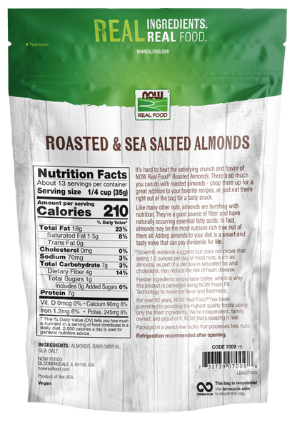 NOW Foods, Almonds, Roasted  Sea Salted, Protein & Fiber, 1 lb