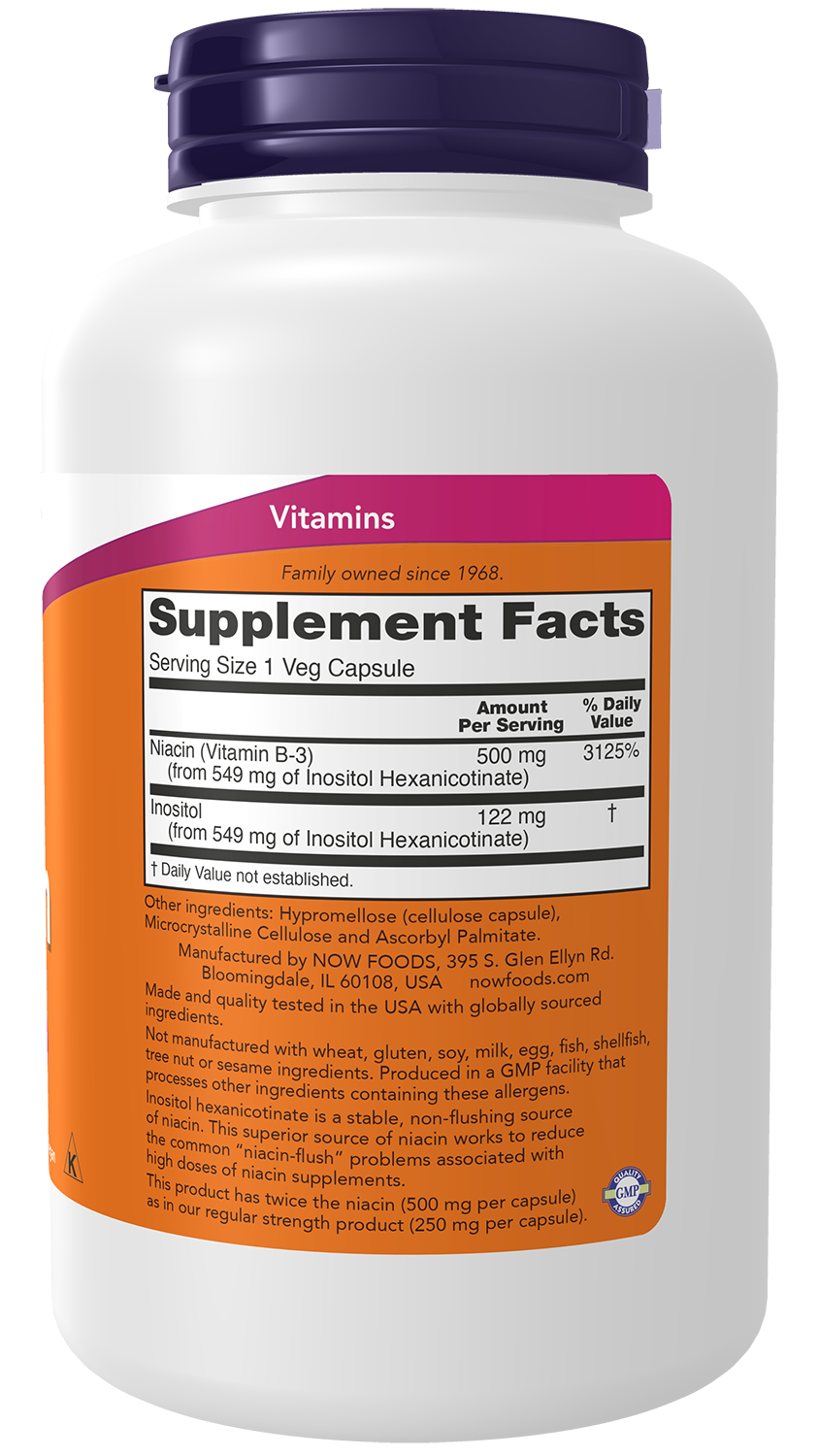 NOW Supplements, Niacin (Vitamin B-3) 500 mg, Flush-Free, 180 Veg Caps