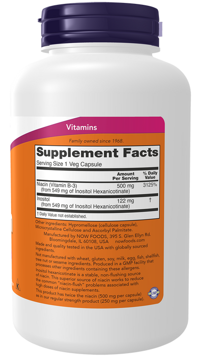 NOW Supplements, Niacin (Vitamin B-3) 500 mg, Flush-Free, 180 Veg Caps