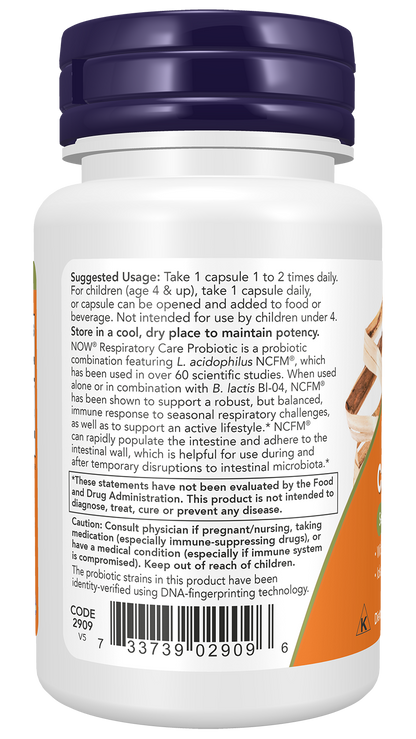 NOW Supplements, Respiratory Care Probiotic, w/ NCFM® & BI-04, 60 Veg Caps