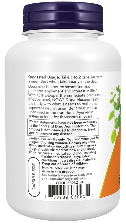 NOW Supplements, DOPA Mucuna, Standardized Mucuna Extract, 180 Veg Caps