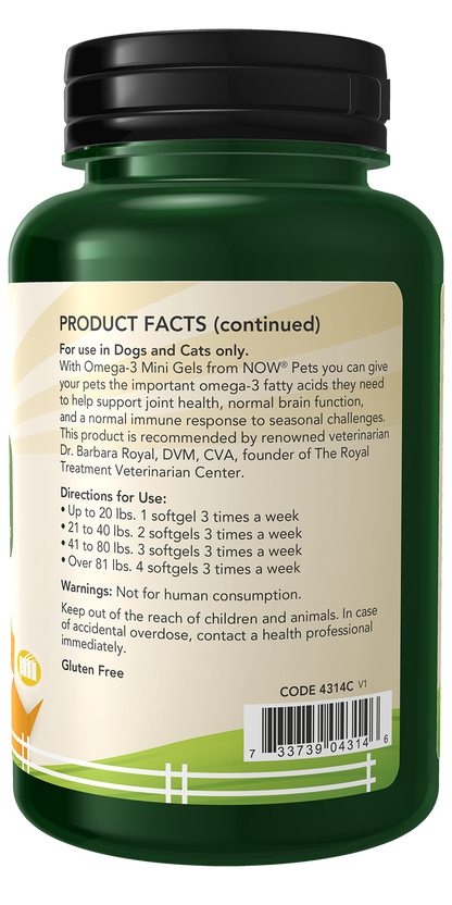NOW Pet Health, Omega 3 Mini Gels Supplement, Cats & Dogs, 150 Softgels
