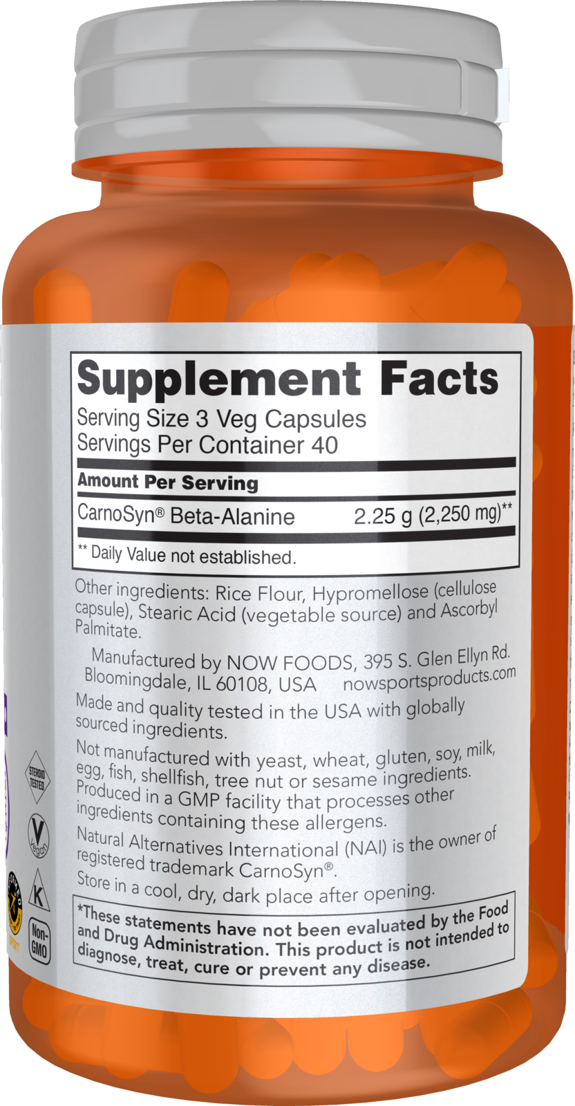 NOW Sports, Beta-Alanine 750 mg, Delays Muscle Fatigue*, 120 Veg Caps