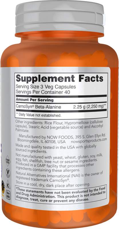 NOW Sports, Beta-Alanine 750 mg, Delays Muscle Fatigue*, 120 Veg Caps