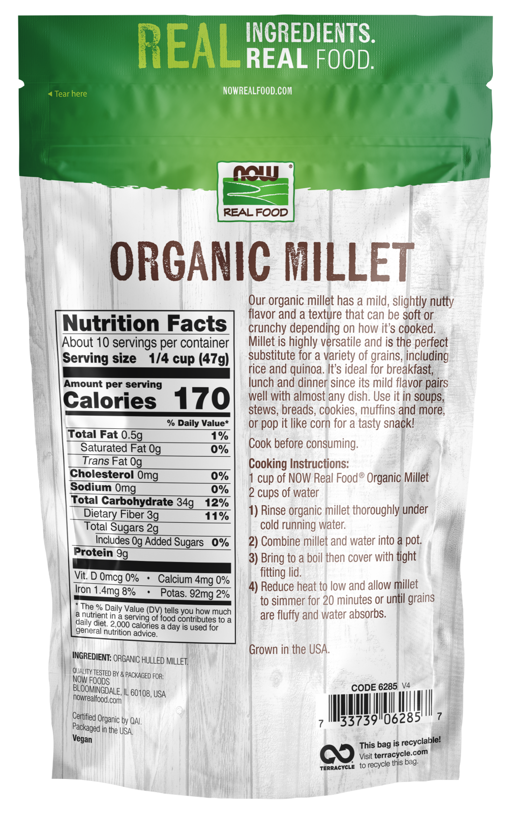 NOW Foods, Organic Millet, Gluten-Free, Whole Grain, 16 oz