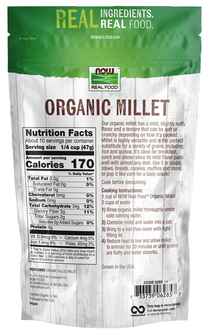 NOW Foods, Organic Millet, Gluten-Free, Whole Grain, 16 oz