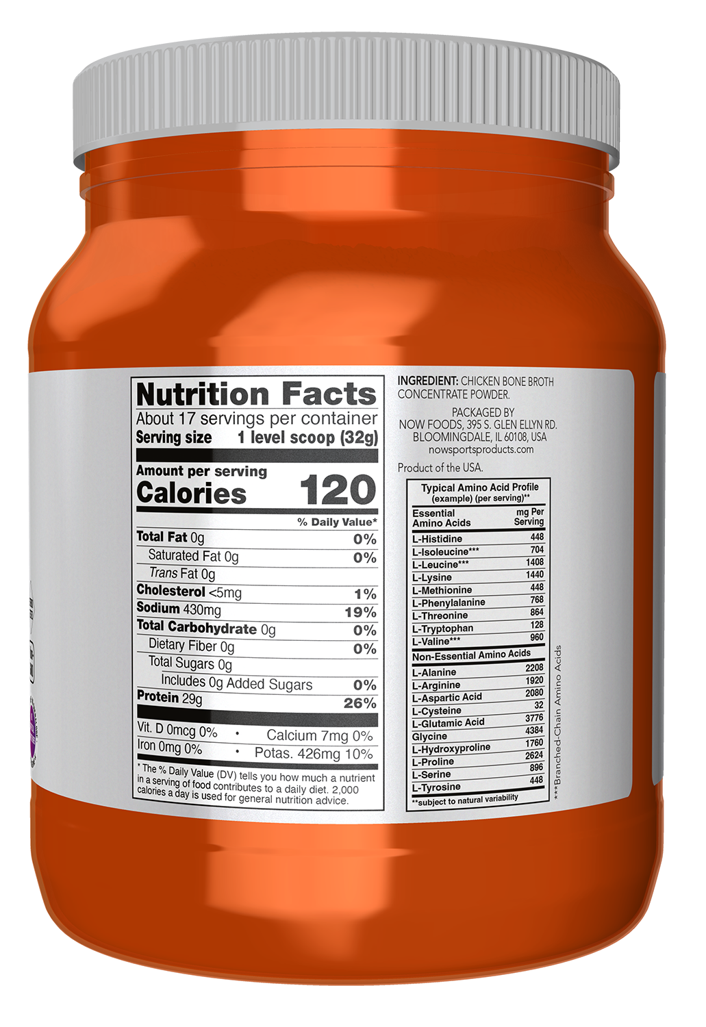 NOW Sports, Chicken Bone Broth Powder, Naturally Occurring Collagen, 1.2 lb