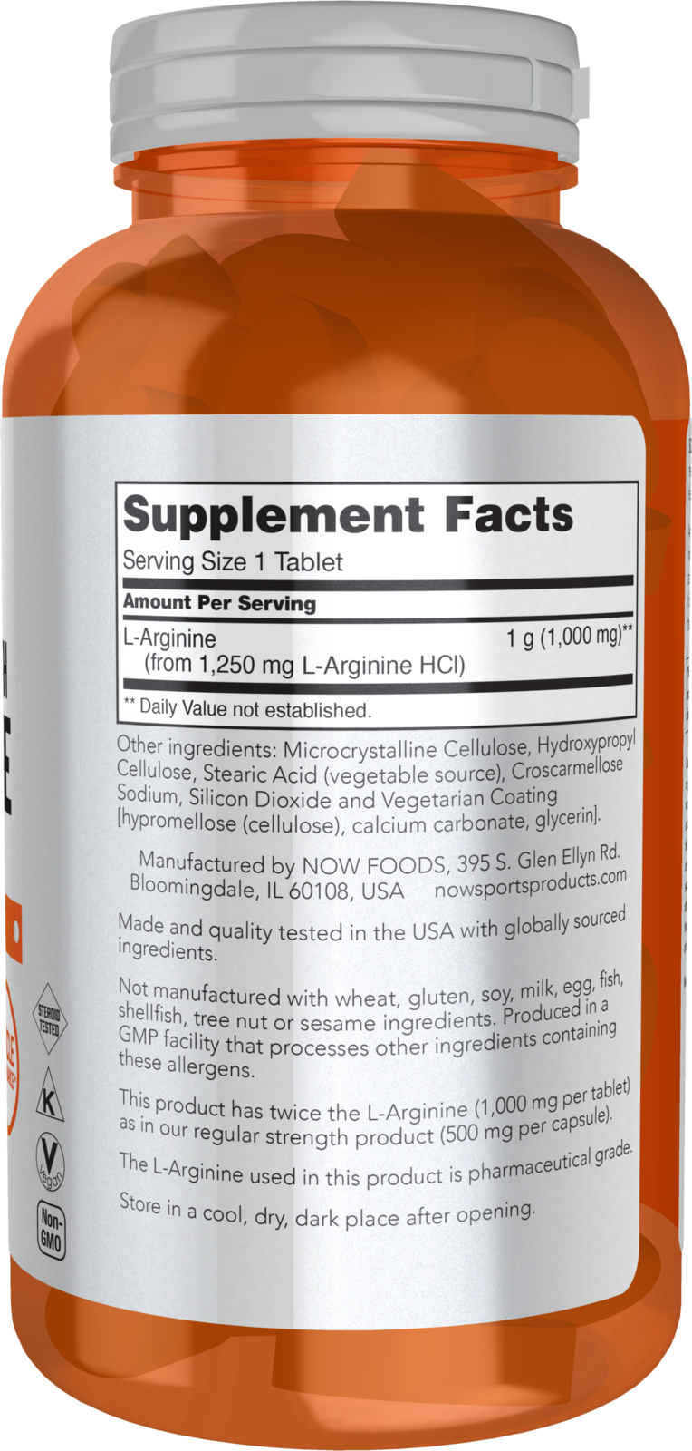 NOW Sports, L-Arginine 1,000mg, Double Strength, N.O. Precursor*, 180 Tabs