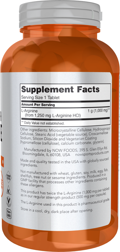 NOW Sports, L-Arginine 1,000mg, Double Strength, N.O. Precursor*, 180 Tabs