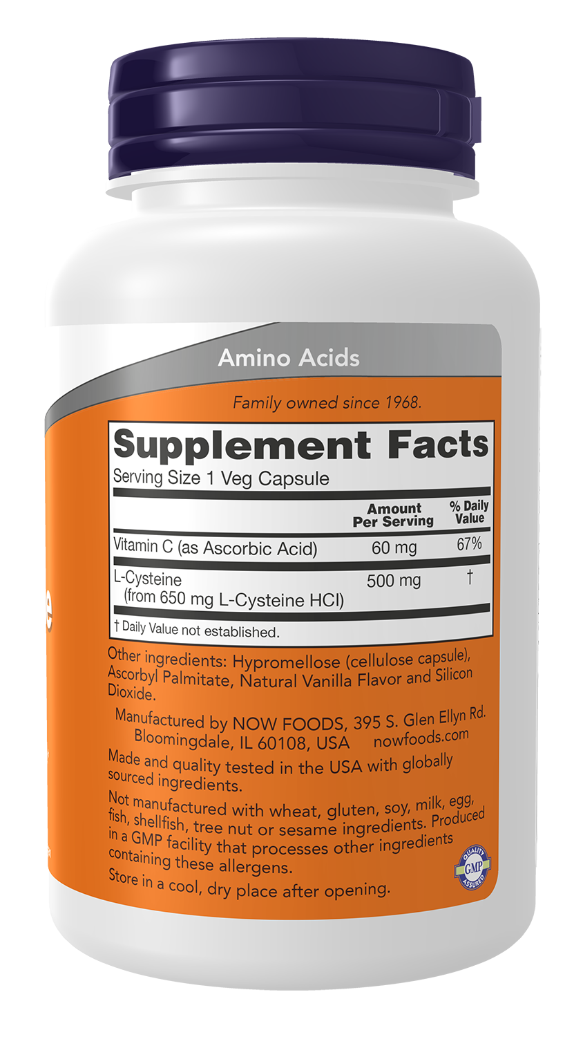 NOW Supplements, L-Cysteine 500 mg, Skin, Hair, and Nails*, 90 Veg Caps