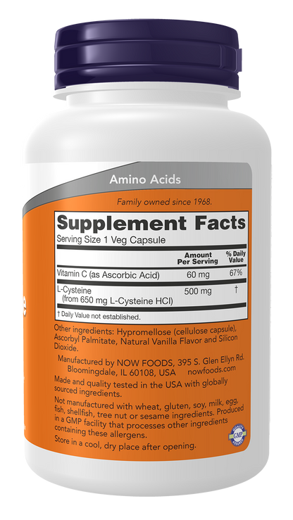 NOW Supplements, L-Cysteine 500 mg, Skin, Hair, and Nails*, 90 Veg Caps