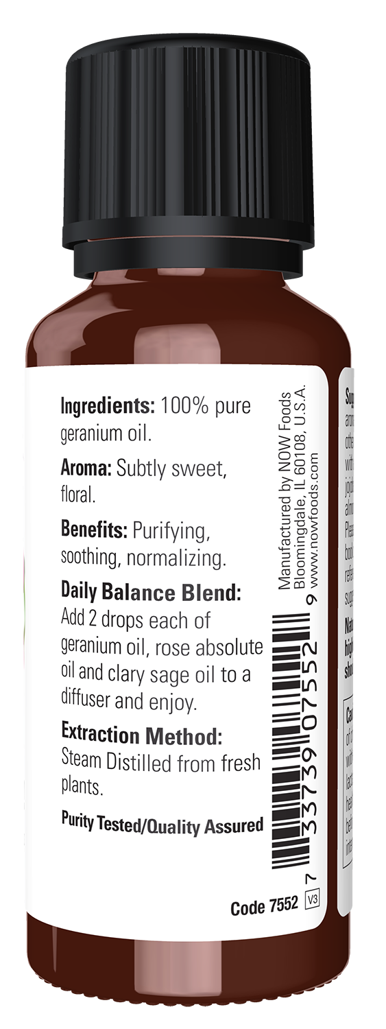 NOW Essential Oils, Geranium Oil, Undiluted, Steam Distilled, 1 fl. oz